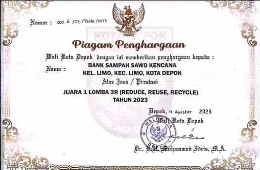 Piagam Penghargaan Juara 1 Lomba 3R Kota Depok Tahun 2023