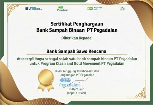Sertifikat Penghargaan Bank Sampah Binaan PT Pegadaian